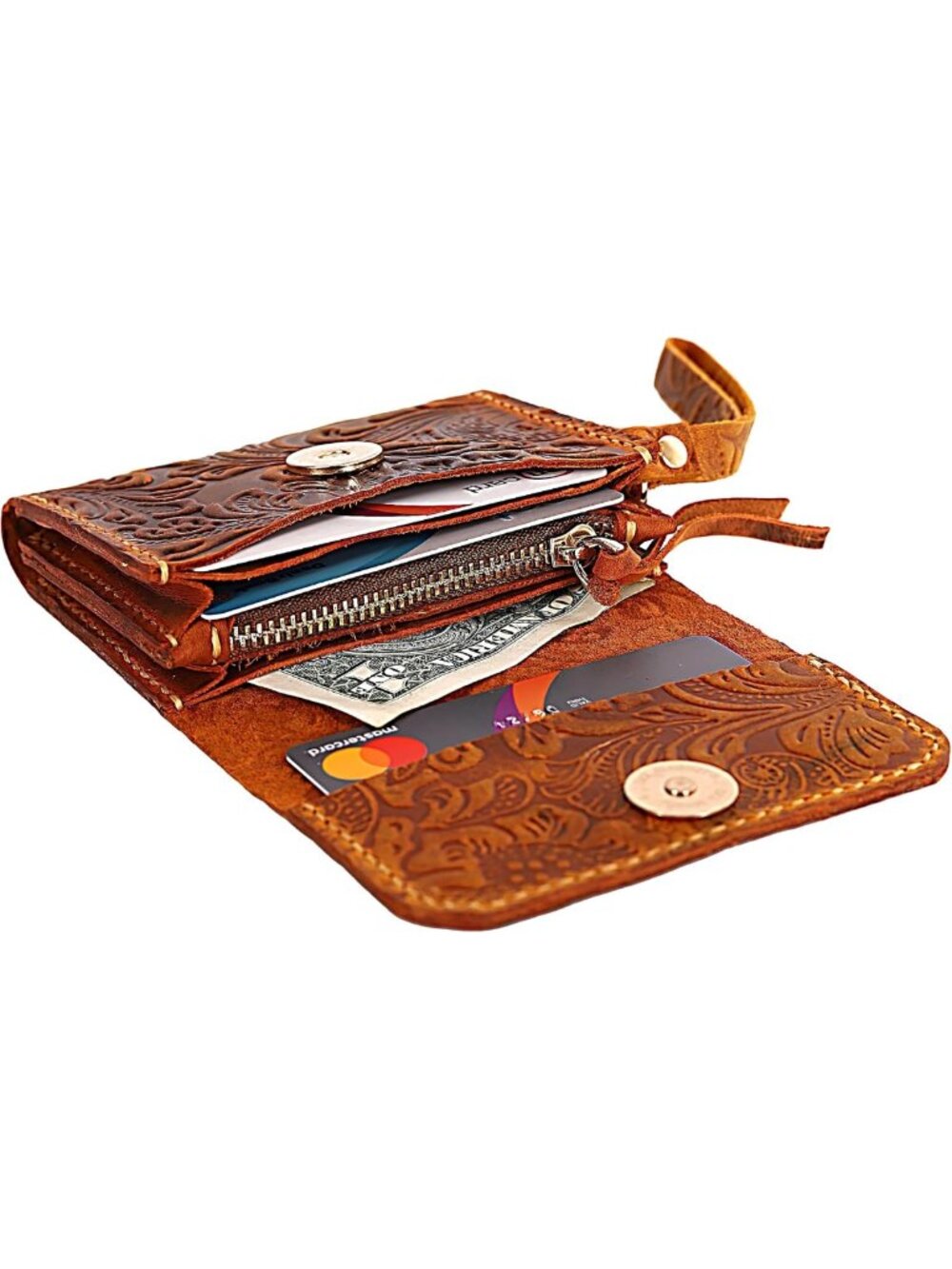 Stylish Handmade Leather Wallet for Women - Floral Wristlet, Zipper Coin Pouch